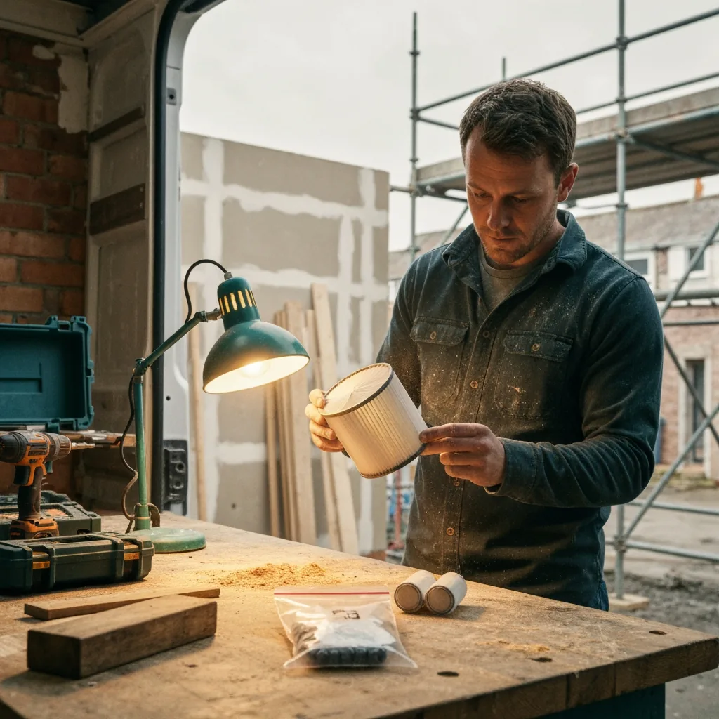 Joiner inspecting a used P3 filter cartridge under bench-lamp light, fine dust visible on his sleeve, replacement cartridges in sealed bag on bench, warm tungsten light, shallow depth of field
