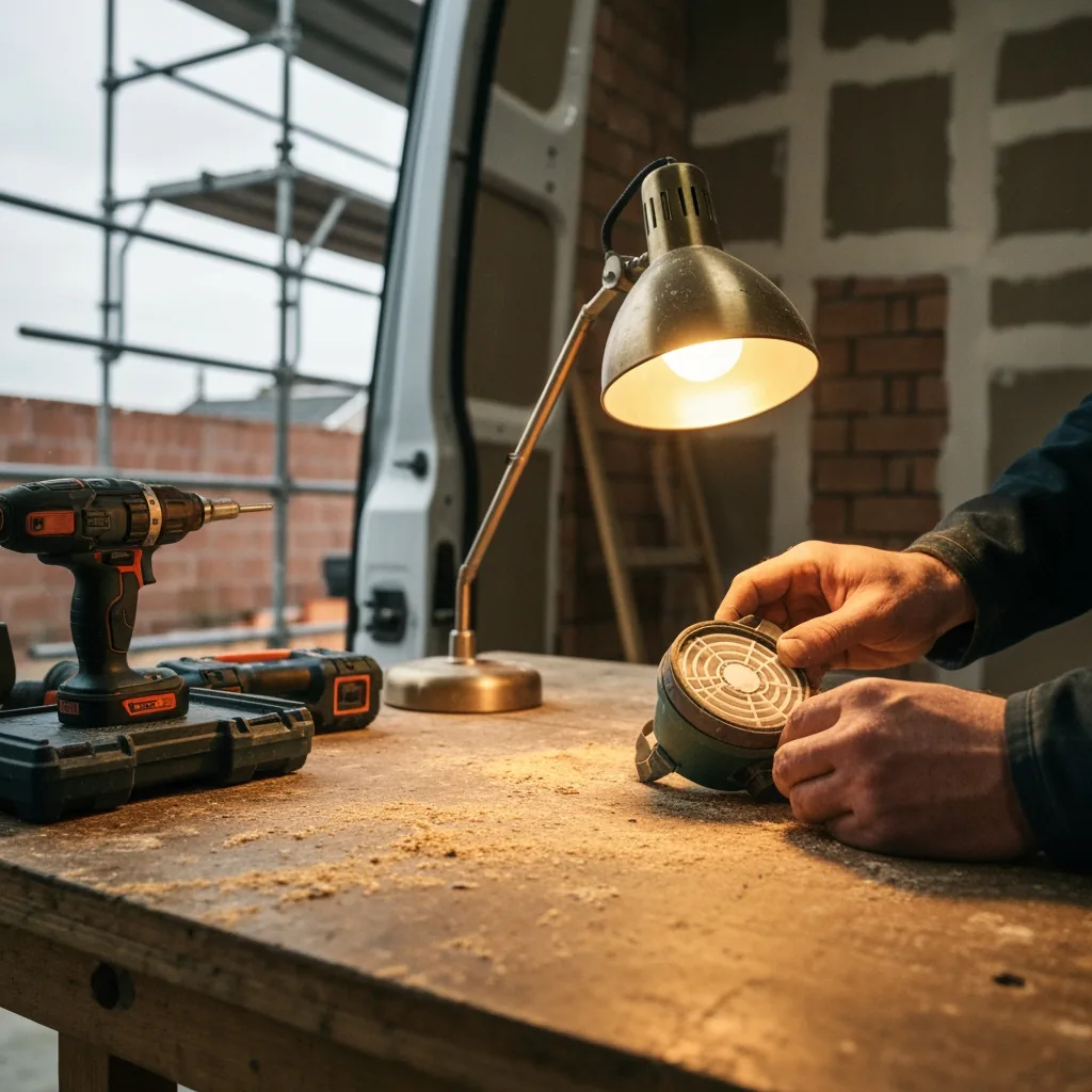 Hands of a worker swapping out a P3 filter cartridge from a half-face respirator on a workshop bench, sawdust scattered, golden-hour bench-lamp light, close composition