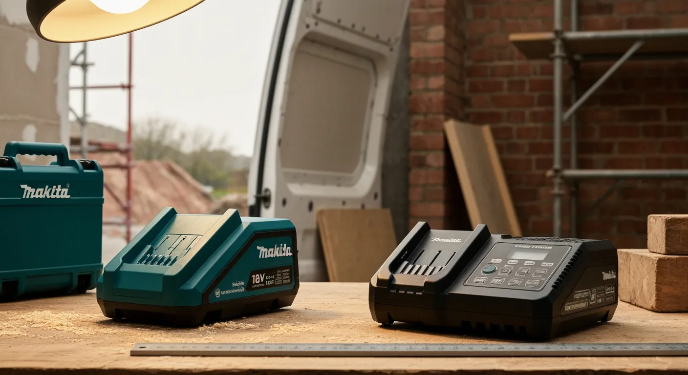 Two 18V LXT chargers side by side on a workshop bench under warm overhead light — left one is OEM Makita-style teal-and-black, right one a CE-marked compatible black charger with LCD screen — both with batteries seated, comparison composition, brushed steel ruler in foreground