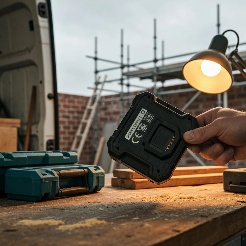 Tradesman's hand holding up a CE certification label sticker on the underside of a black 18V charger, magnifying glass effect, workshop background blurred, warm amber light from a bench lamp
