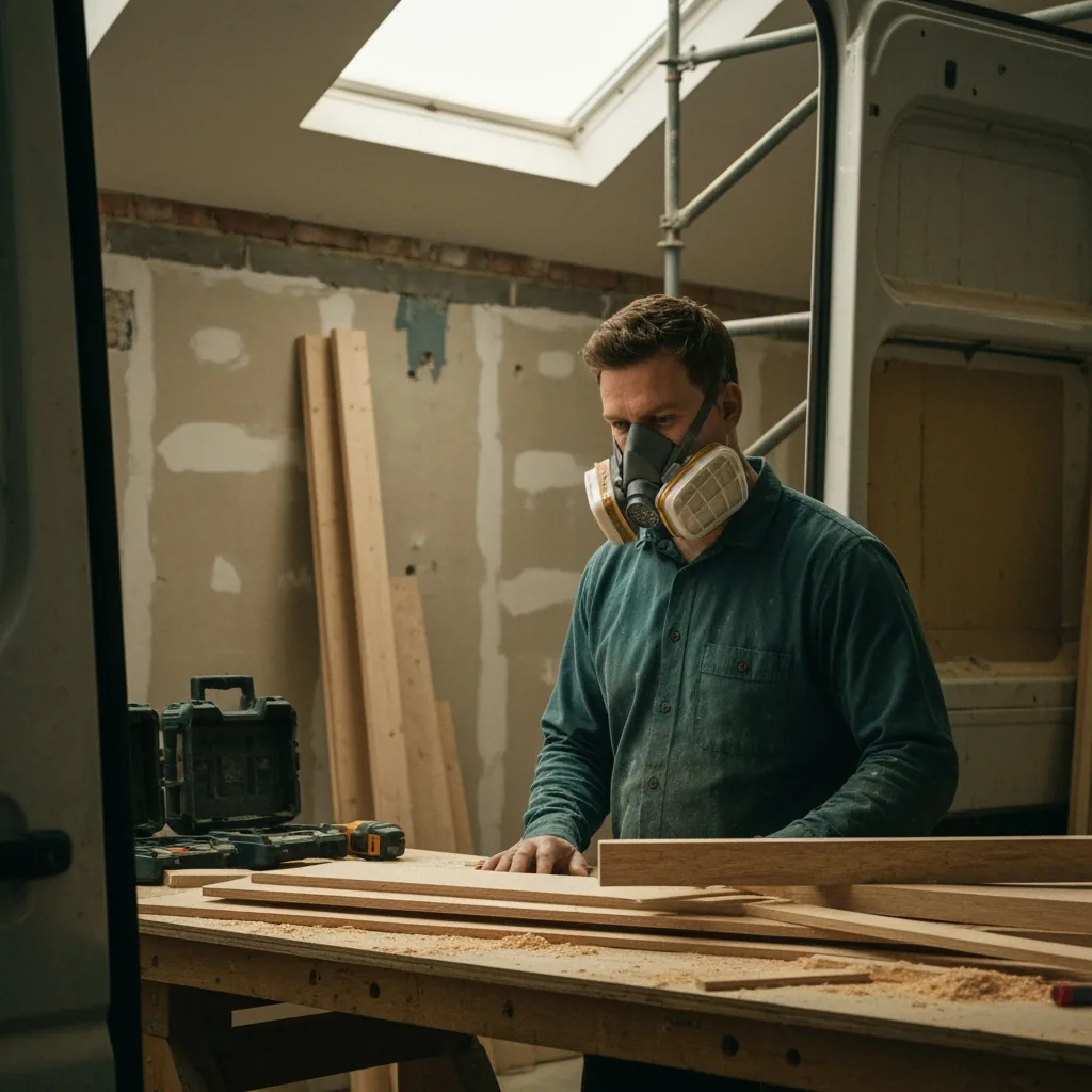 Joiner wearing a half-face reusable respirator with visible dust-coated cartridges, in a sawdust-coated workshop, MDF off-cuts piled on the bench, soft side-lighting from a high window, shallow depth of field