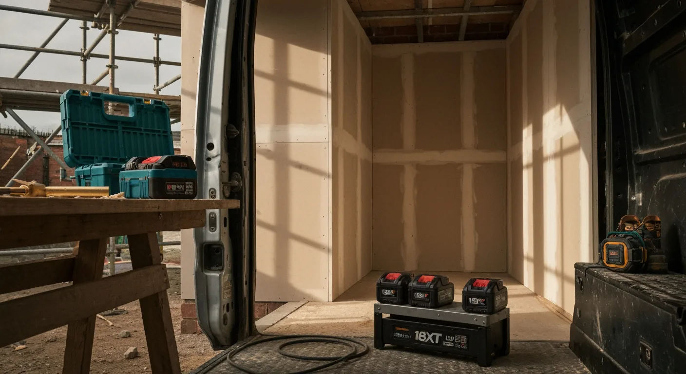 UK first-fix building site interior, scaffolded plasterboard walls, three 18V LXT batteries lined up on a portable charging station inside an open-top van, late-afternoon sunlight angled in, workboots and a coiled extension lead on the floor