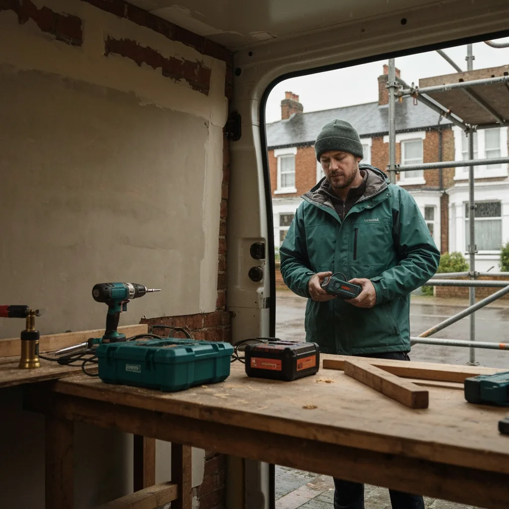 Tradesman in a Goretex jacket and beanie standing in light drizzle outside a Victorian terrace, holding a charger and battery pack, scaffolding visible behind, soft grey English daylight