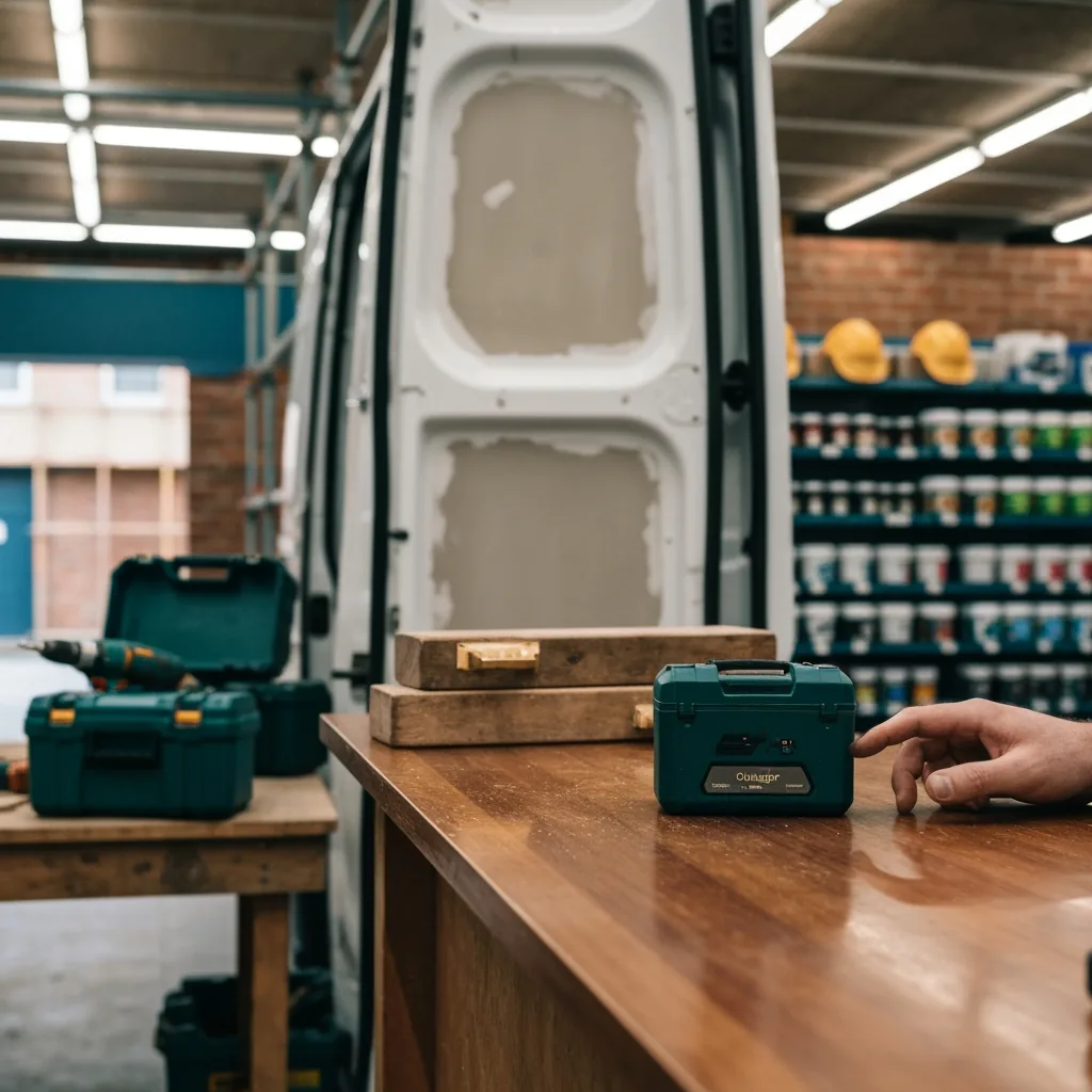 UK trade-counter scene at a high-street toolshop, a charger box sitting on the polished wooden counter, hand of a buyer reaching out, blurred shop interior with paint pots and PPE racks behind, warm shop lighting