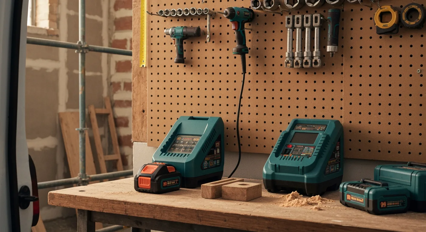 Two 18V battery chargers side by side on a workshop pegboard wall — left a single-port unit, right a twin-port unit — both with batteries seated, framed by hanging socket sets and tape measures, warm late-afternoon workshop light