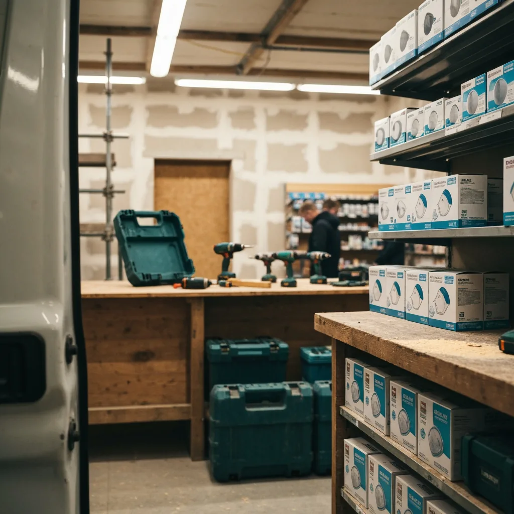 Trade-counter scene with shelves of dust mask boxes — disposable boxes on lower shelves, reusable masks higher up — UK toolshop interior with warm shop lighting, blurred customer browsing