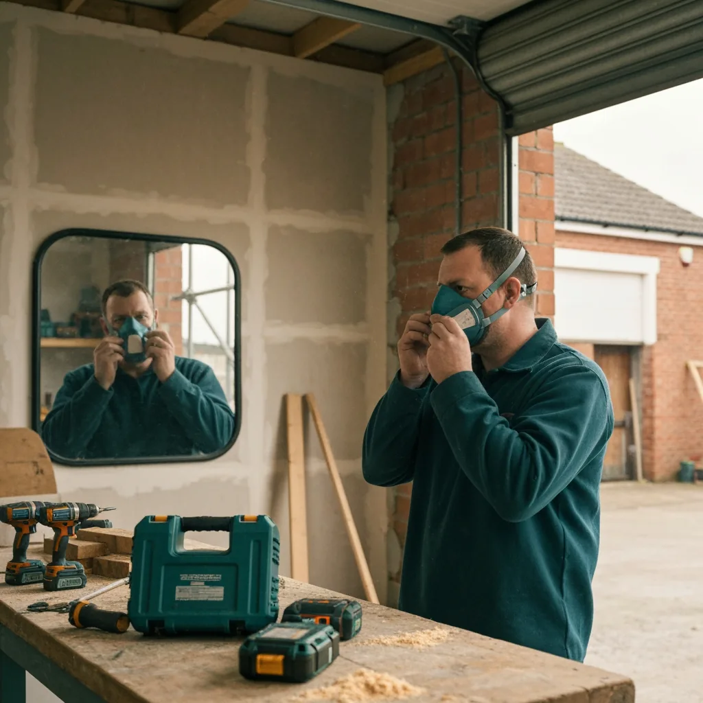 Tradesman fitting a freshly-unboxed FFP3 mask to his face in a UK garage workshop interior, mirror reflection visible to the side, soft natural daylight through an opened roller door, dust particles airborne
