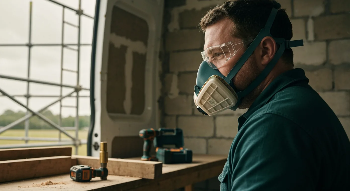 Close-up of a tradesman wearing a half-face reusable respirator and safety glasses in a workshop, seal of the mask visible against the cheek with no fogging on the lenses, warm soft window light, shallow depth of field, photorealistic editorial