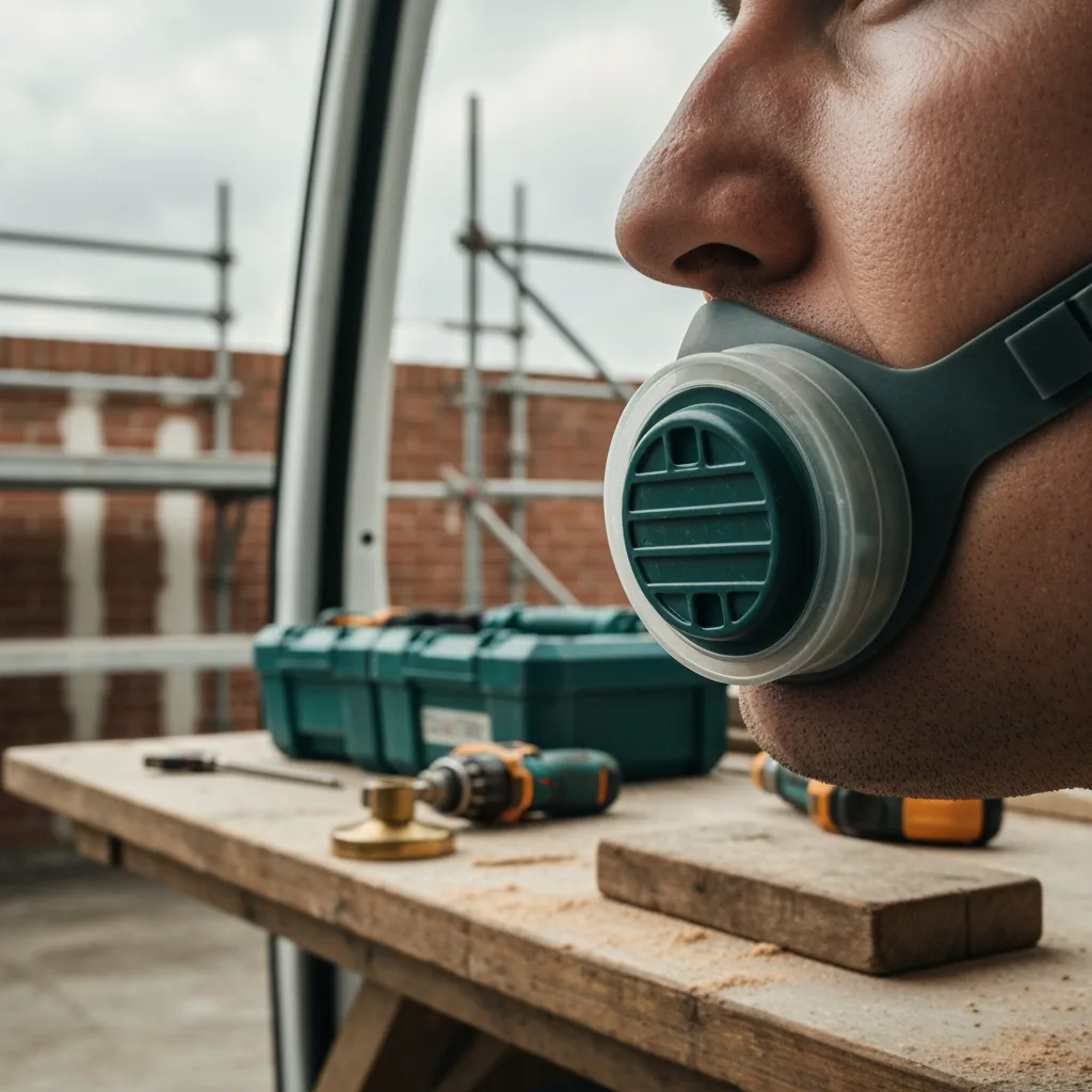Macro detail of the silicone TPE seal of a half-face respirator pressed against a cheek, exhalation valve visible at mouth area, warm natural light, shallow depth of field, no face shown above the cheek bone, photorealistic editorial