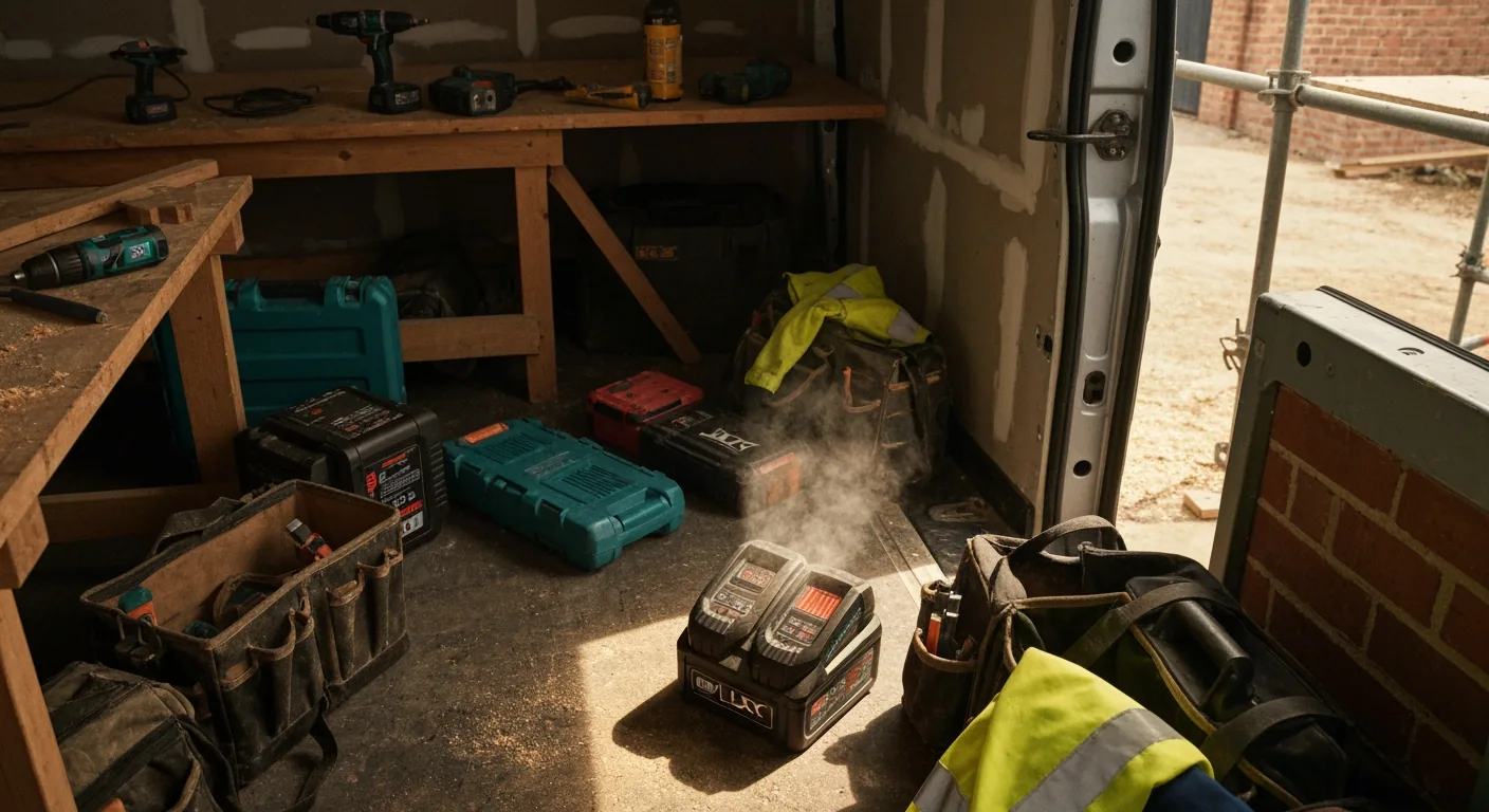Overhead view of a 18V LXT charger on a sunlit van floor showing visible heat-haze rising from the vents, battery seated, surrounding clutter of dusty tool bags and a folded high-vis jacket, warm afternoon light through the van's open back doors