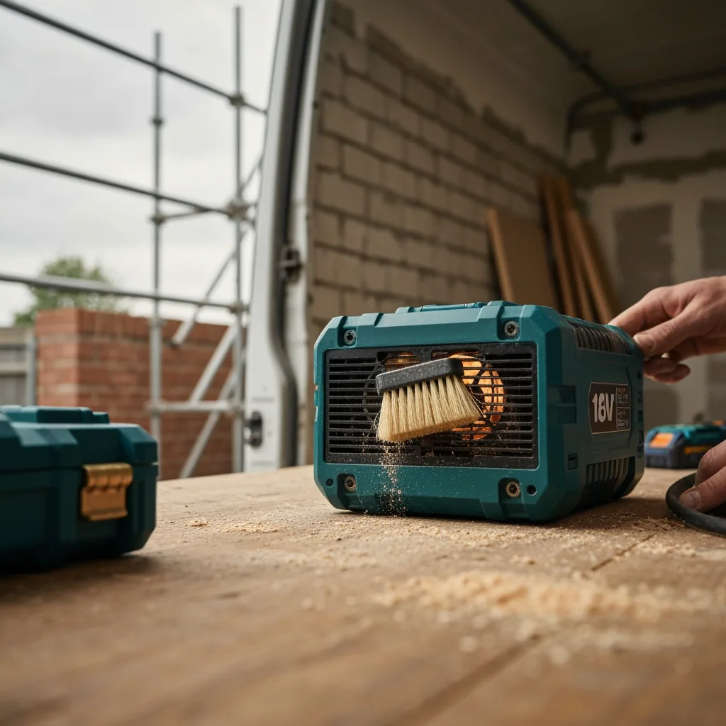 Close-up of the rear cooling vents of an 18V battery charger, bristles of a soft brush sweeping out sawdust, warm tungsten light, builder's hand visible in soft focus