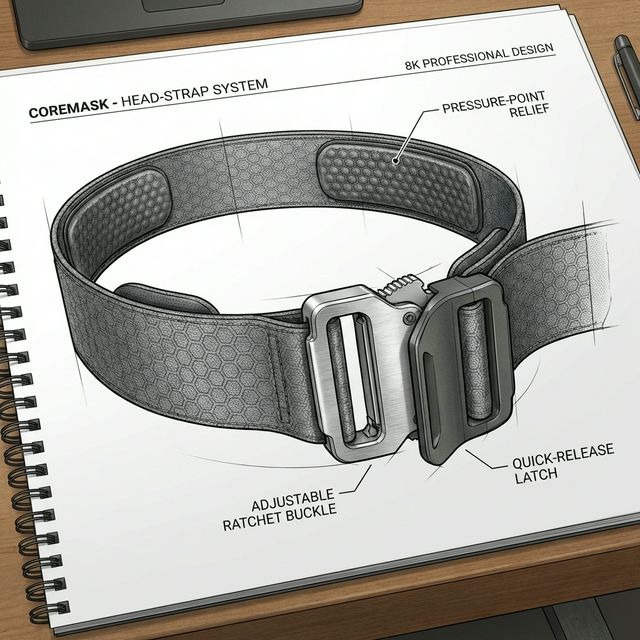 Close-up of the CoreMask adjustable head-strap system and premium fabric texture.