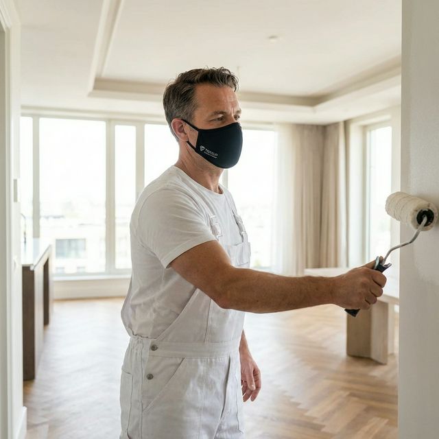 A professional decorator using a paint sprayer while wearing the Torxup CoreMask ProDefend.