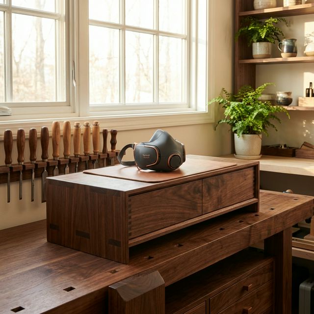 A woodworker sanding a large walnut slab wearing a Torxup FlowCore with dual filters.