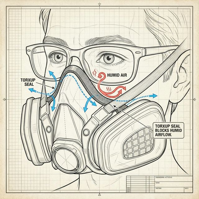 Diagram showing the downwards redirection of warm air through the CoreMask exhale valve.