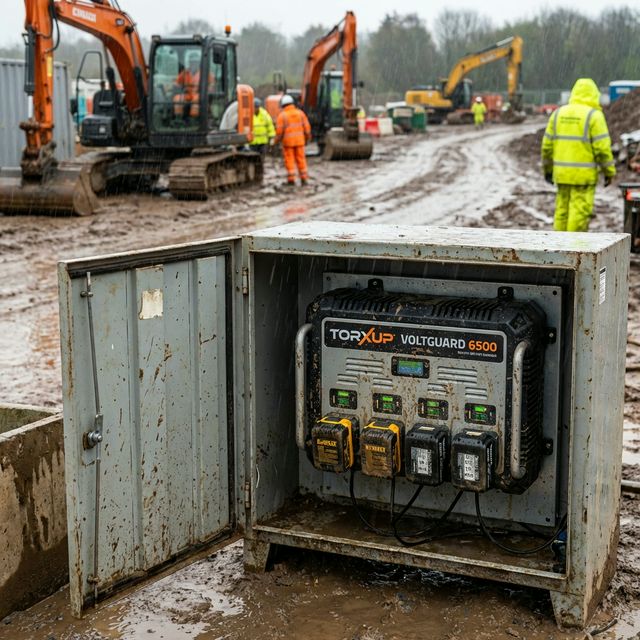 Professional photography of the Torxup Voltguard 6500 charger with a Makita 18V battery in a construction site setting.