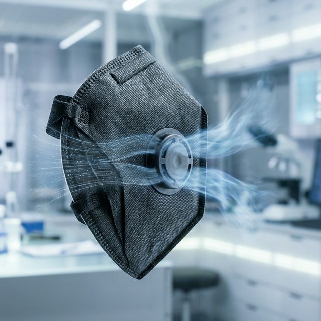 Technical photography demonstrating the low-resistance airflow through a FlowCore respirator filter.