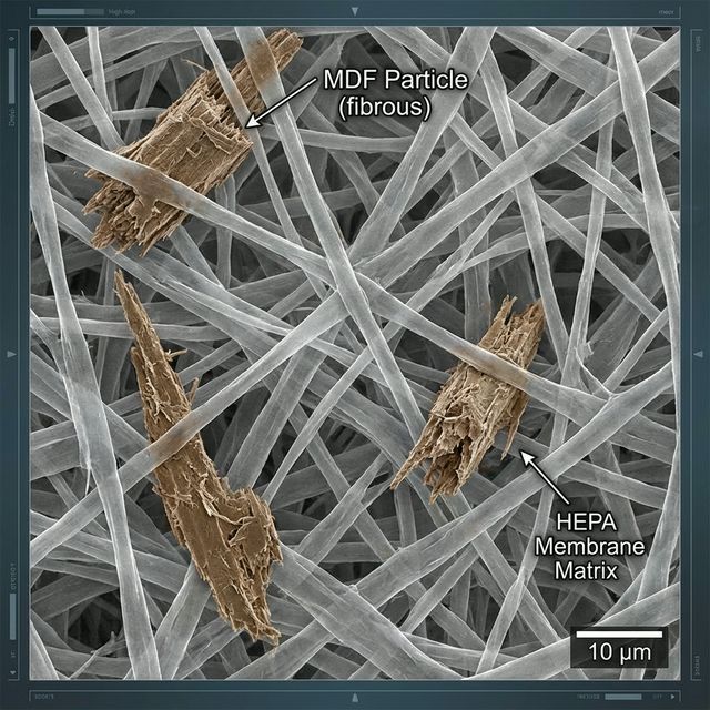 Microscopic view of MDF dust particles trapped in the FlowCore filtration membrane.