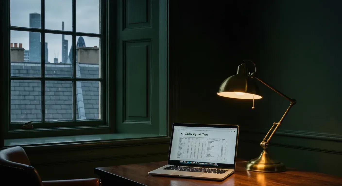 Mayfair business consultant office at dusk with brass desk lamp illuminating an AI caller agent cost spreadsheet
