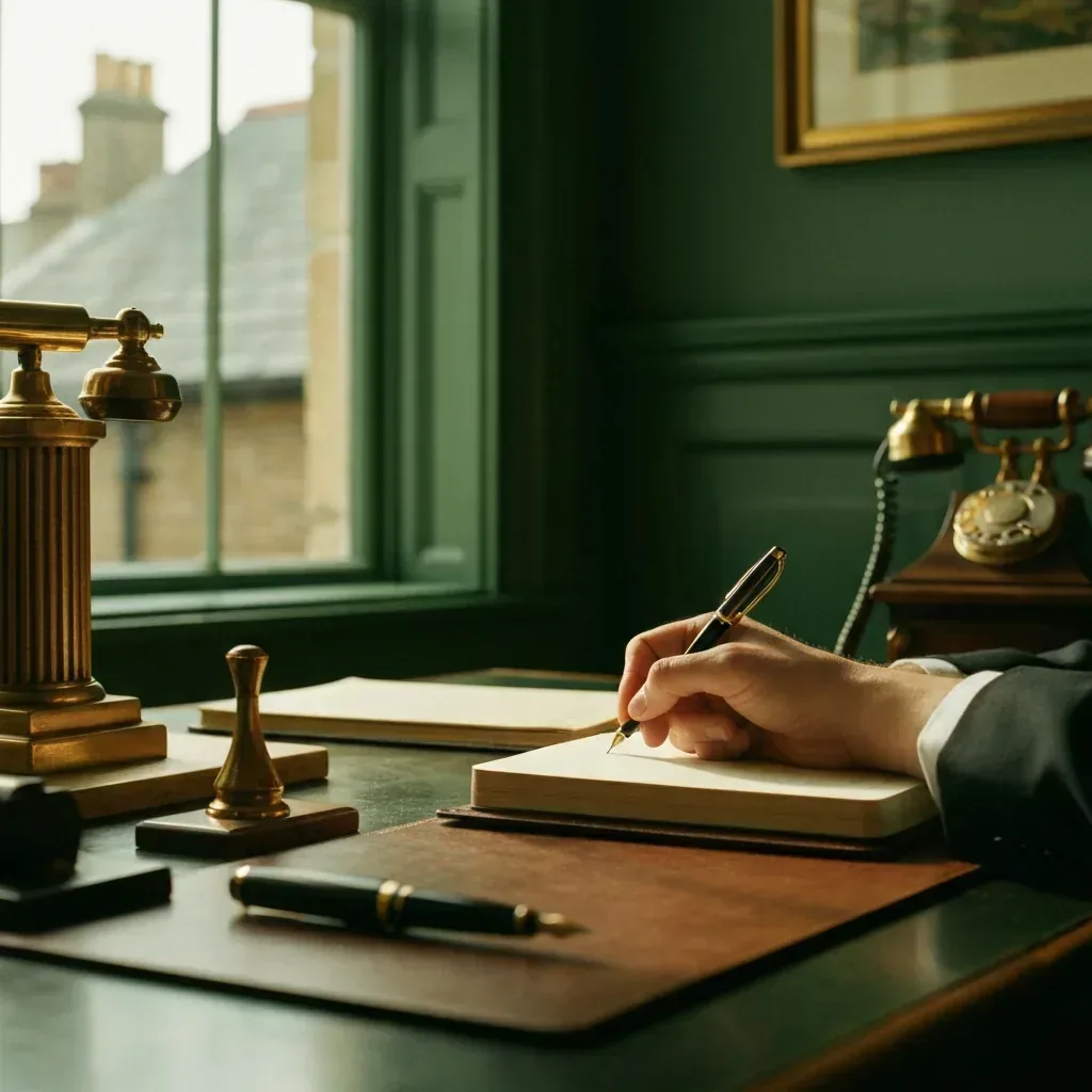 Hands writing AI caller agent pricing breakdown in leather notebook beside antique telephone