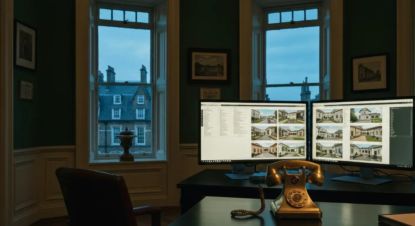 London property office at 2am, monitors glowing, phone ringing with overseas country code visible — AI phone answering for property agents UK