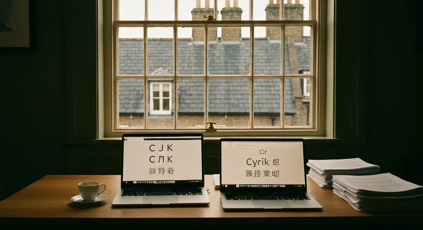 Cambridge translation PM desk with two laptops showing CJK and Cyrillic project briefs and an espresso — AI phone answering for translation agency setting