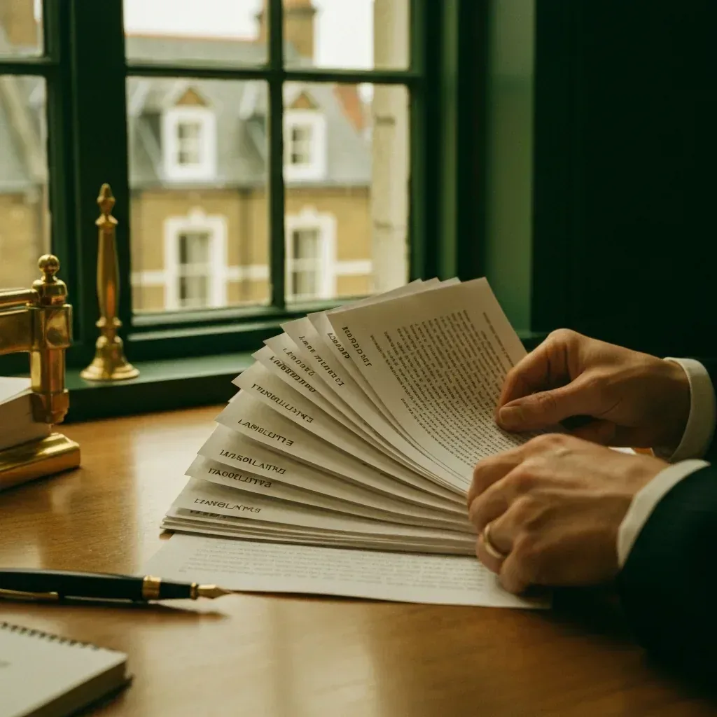 Hands sorting paper translation briefs labelled by language pair on a UK PM desk