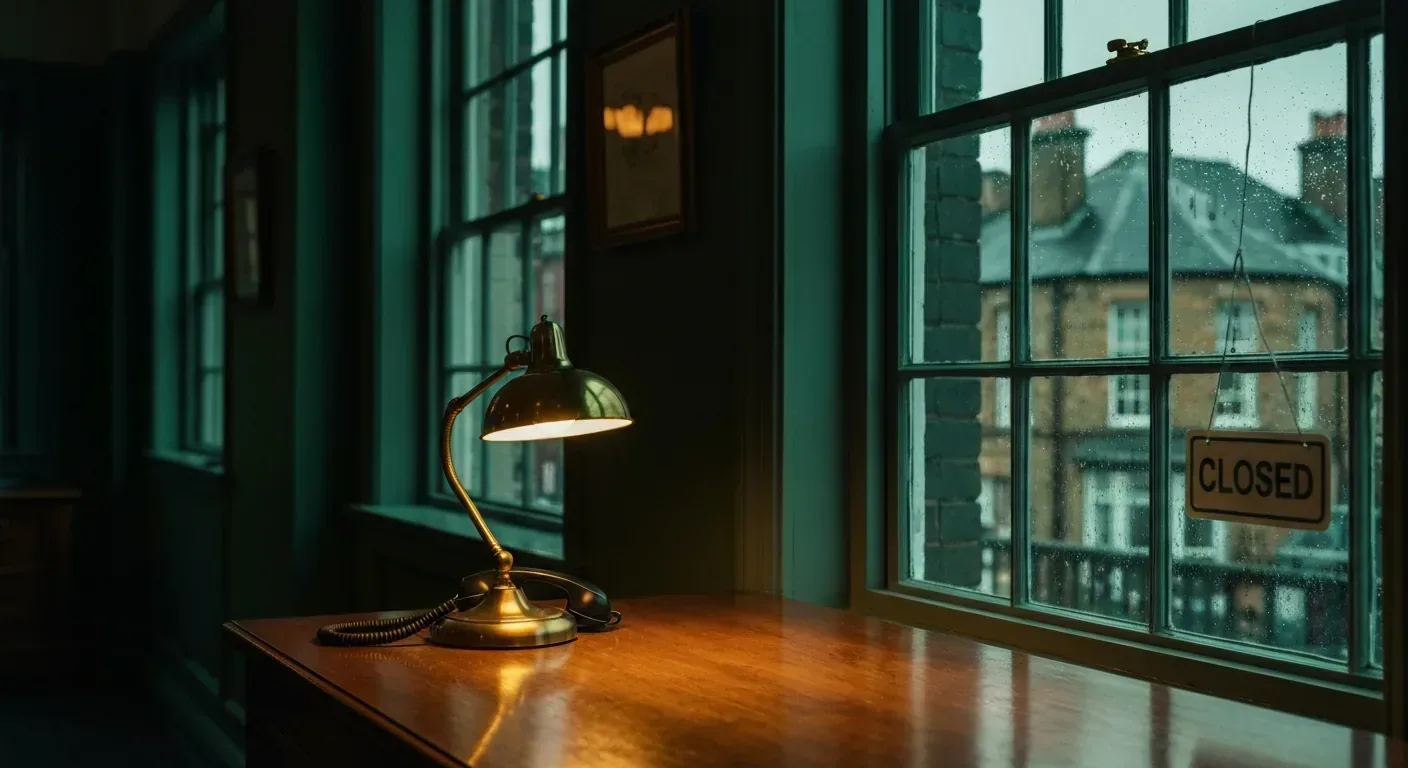 UK SME shop interior at 19:30 with a Closed sign in the window and a phone glowing under a brass desk lamp — after-hours call capture