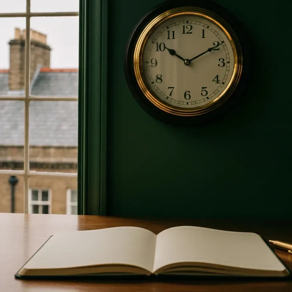 Macro of a wall clock at 23:11 above an open notebook on a wooden desk — out-of-hours UK SMB call handling