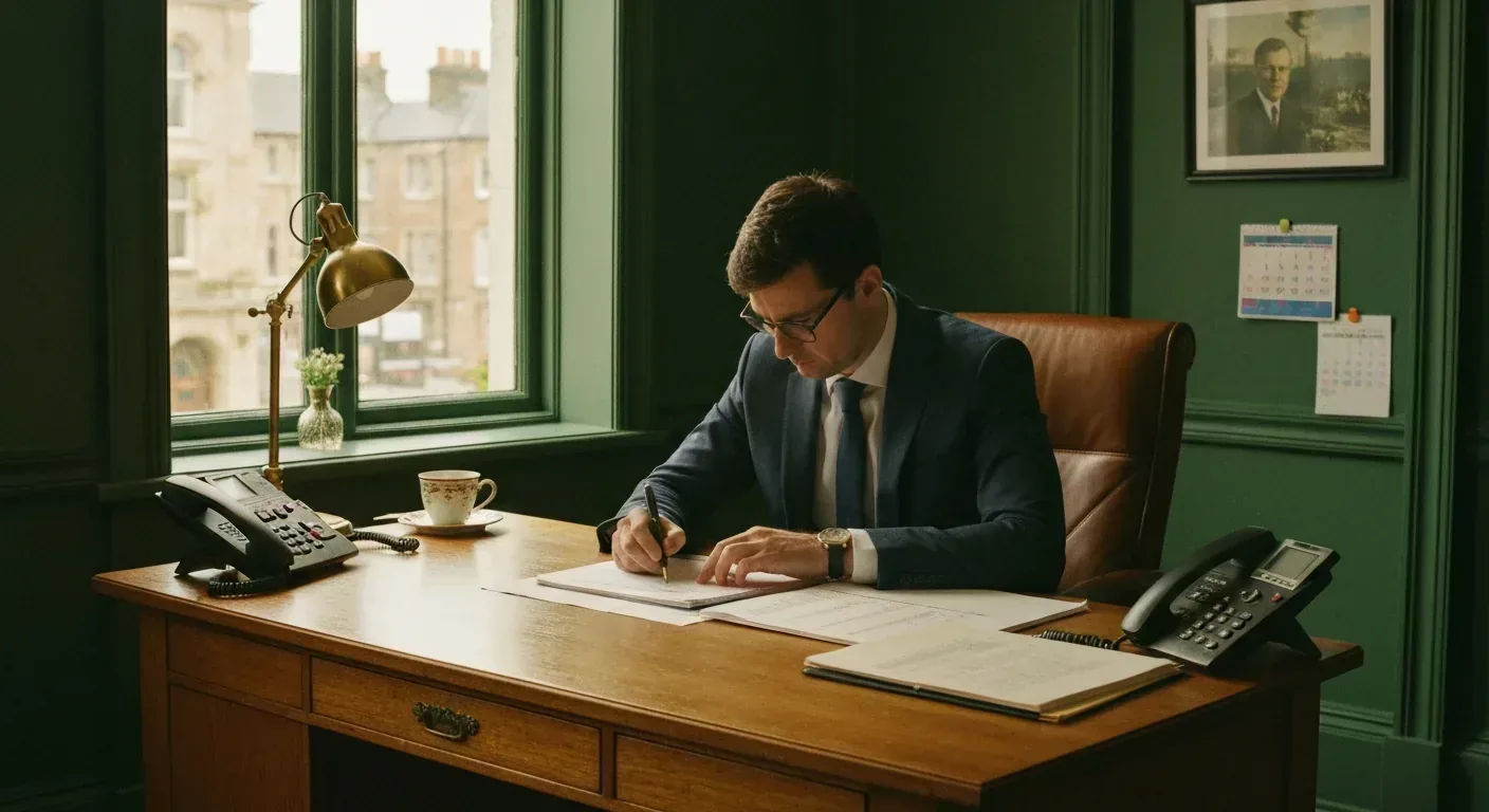 Small UK accountancy office at peak tax season with three phones ringing and the principal head-down on client work
