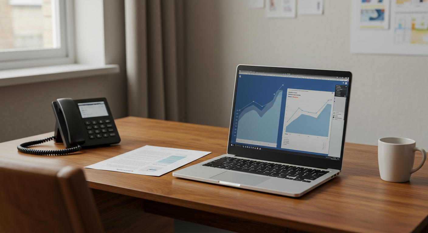 UK office desk with phone and laptop showing cost comparison