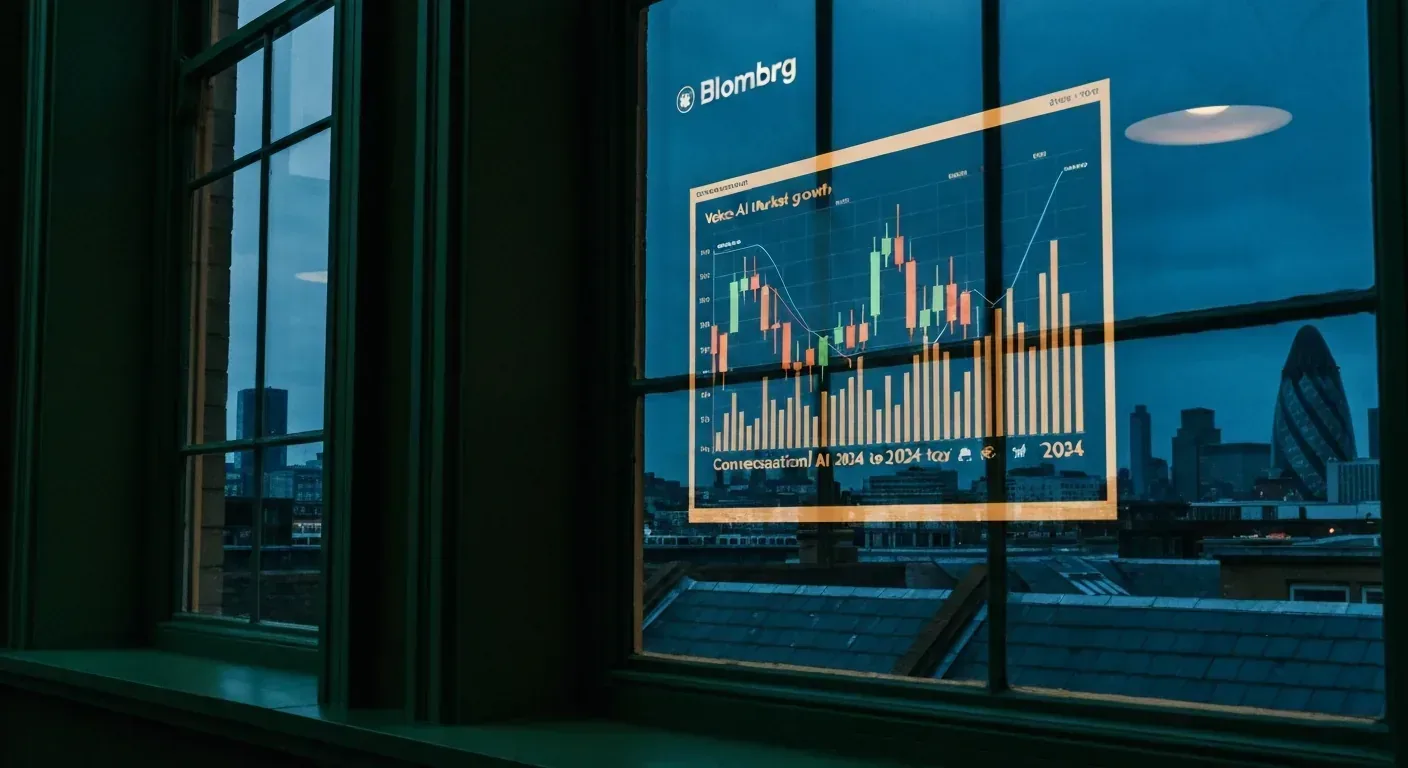 Bloomberg-style data screen reflected on a Canary Wharf window at night, charting AI receptionist demand growth