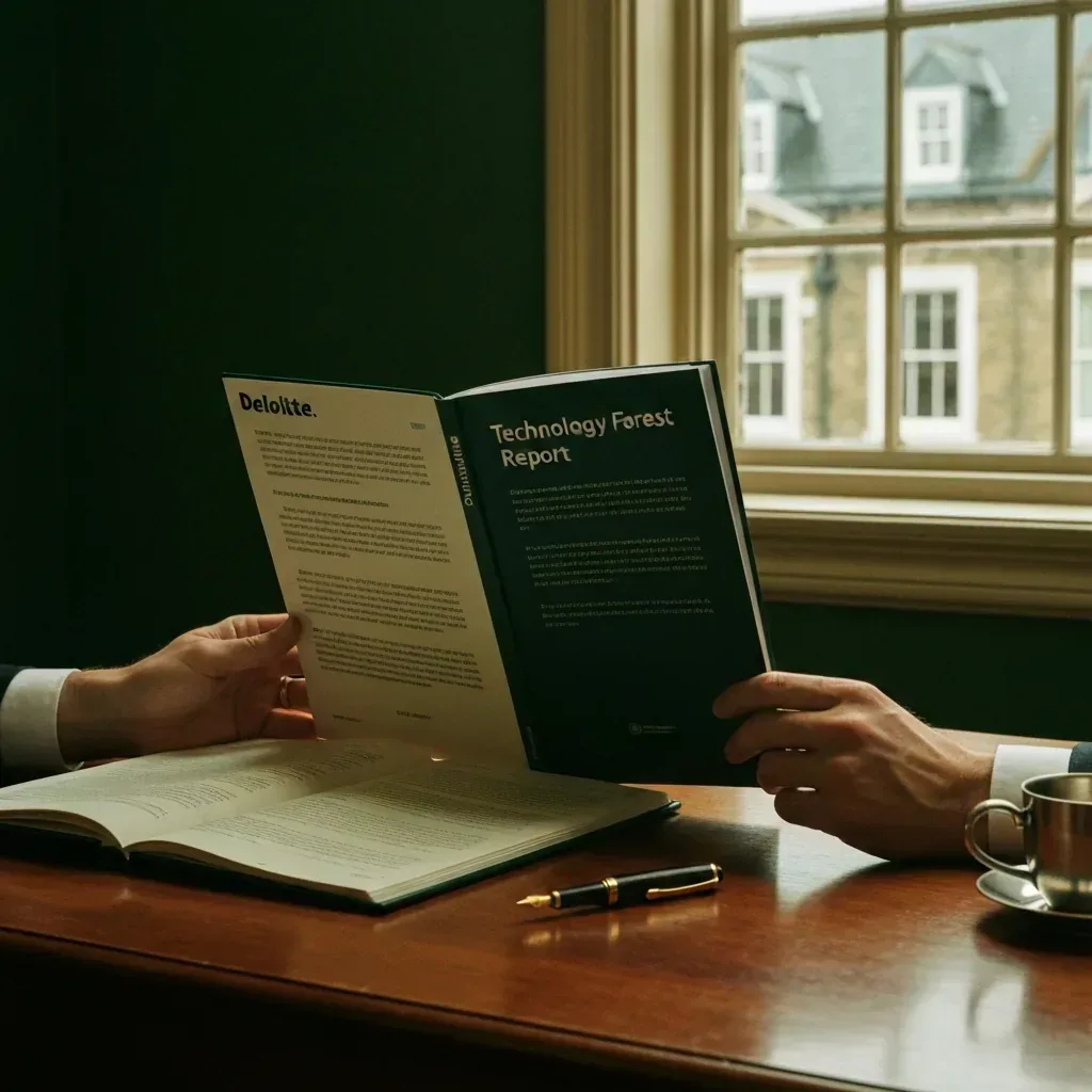 Hands holding a Deloitte-bound report on AI receptionist market growth on a polished walnut desk