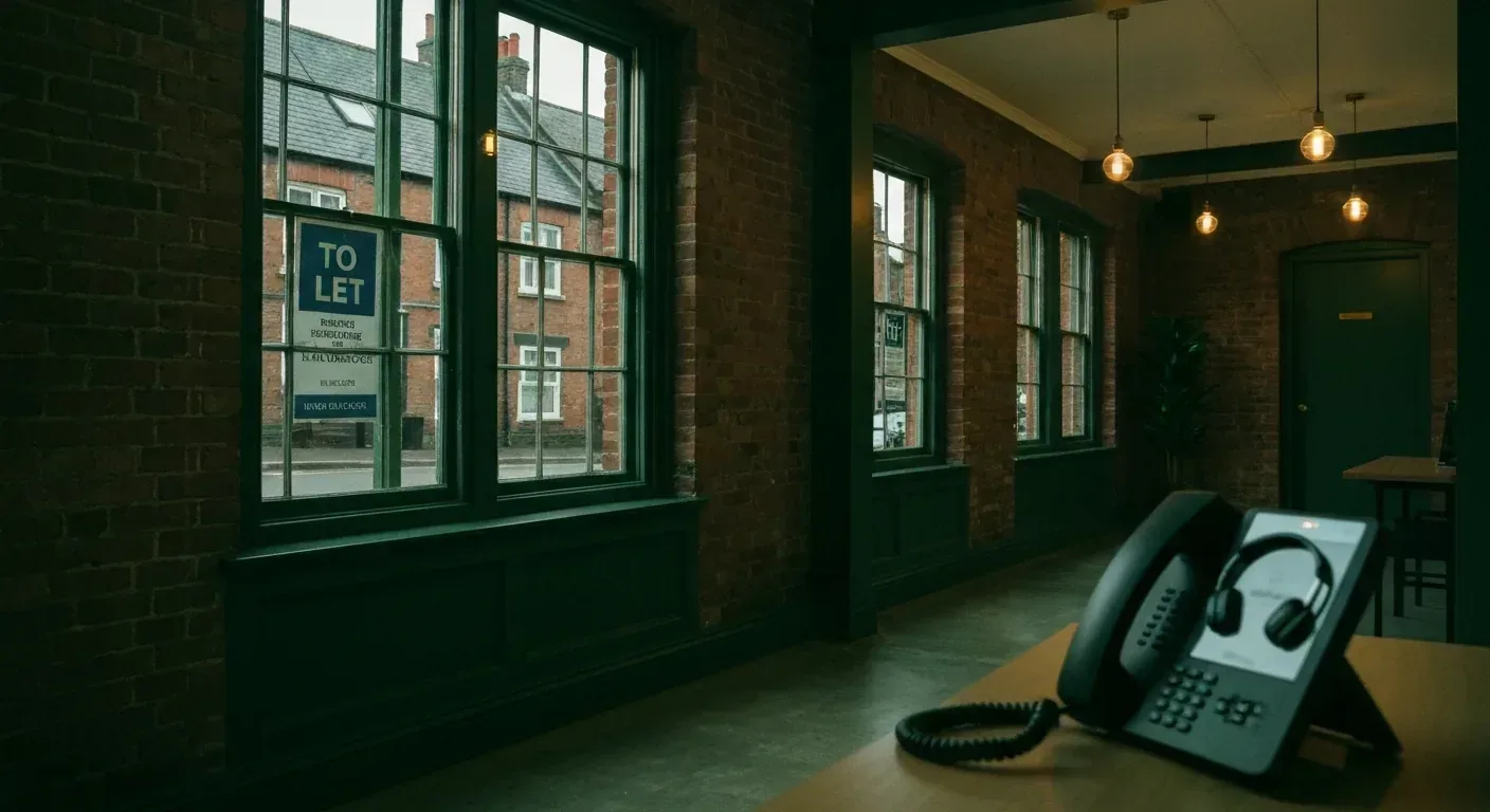 A Manchester city-centre lettings agency at twilight with TO LET signs — AI receptionist for estate agents UK
