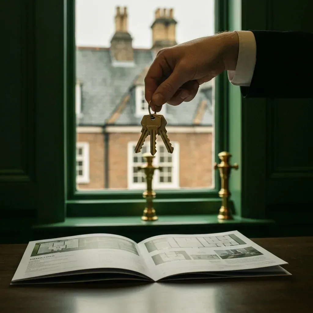 Hand handing keys with property brochure folded open in foreground, editorial detail