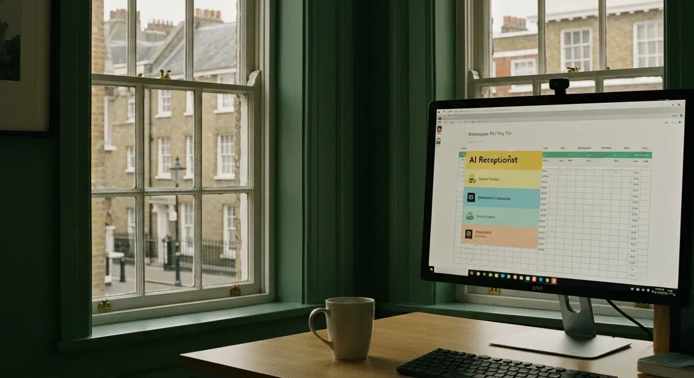UK entrepreneur's home office in Georgian London flat showing AI receptionist pricing tier cards on monitor