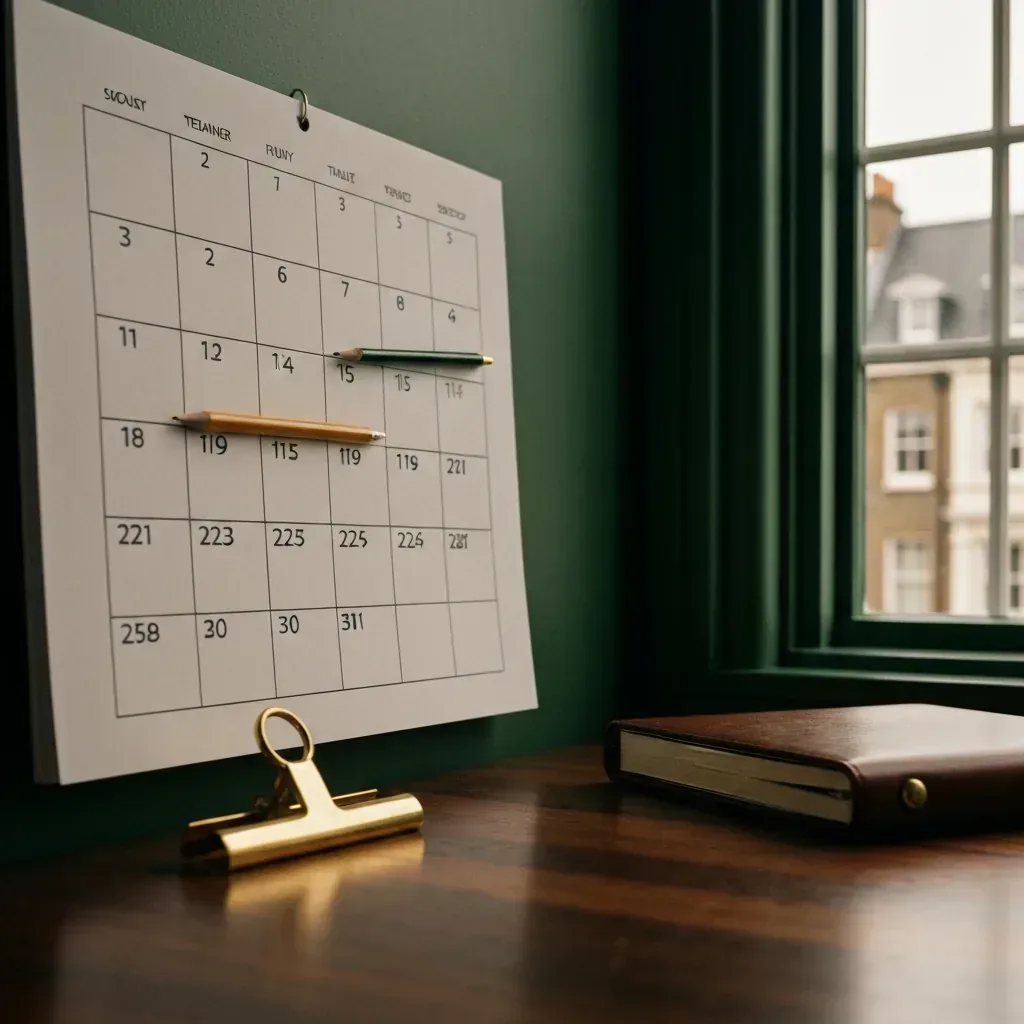 Macro of calendar grid with retainer-fee figures for AI receptionist pricing pencilled in