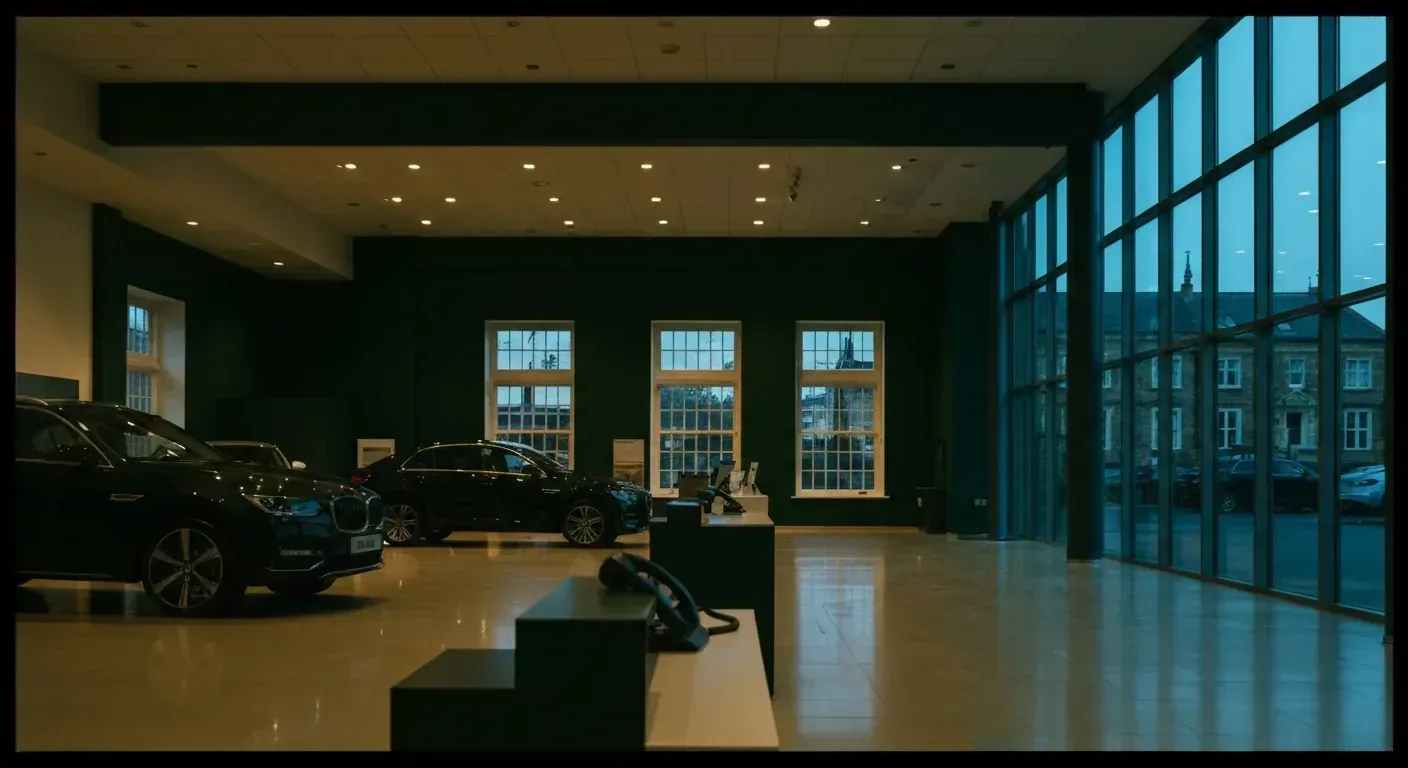 High-end UK car dealership showroom at twilight with brand-new vehicles polished under spotlights and a phone ringing at the service desk