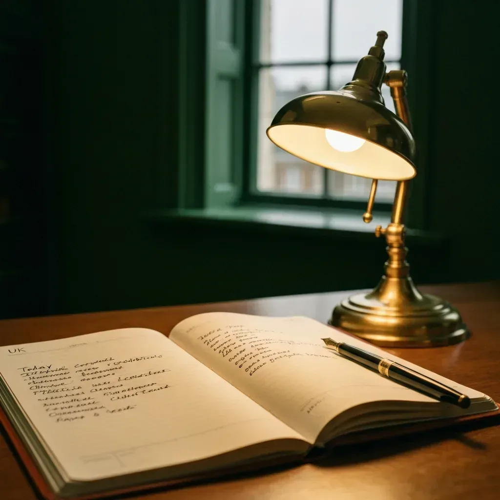 Detail of a UK service-booking diary with handwritten multilingual notes about a customer collection, brass desk lamp and pen alongside