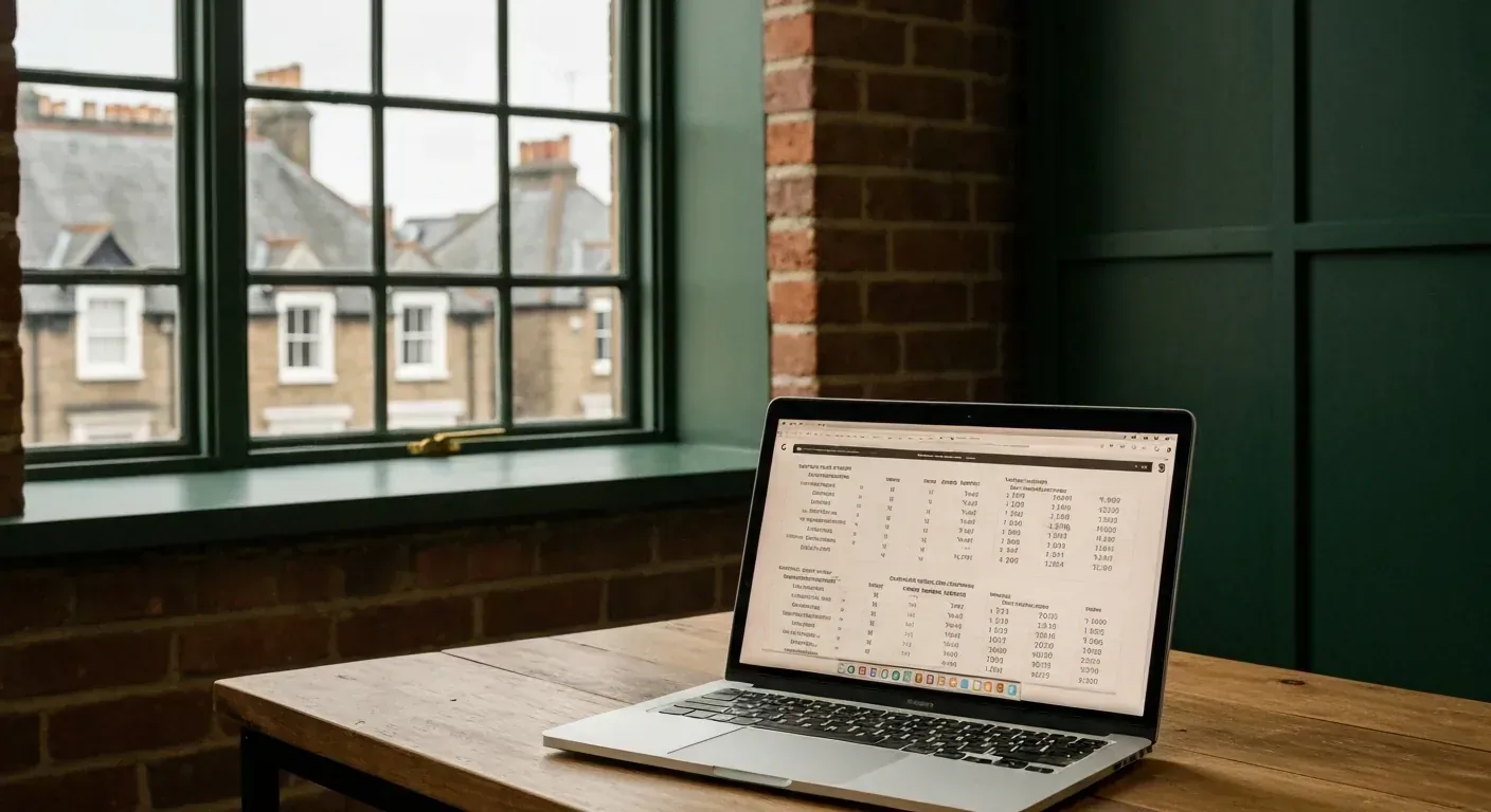 B2B SaaS founder Shoreditch loft office with MacBook displaying an AI voice agent cost-modelling spreadsheet