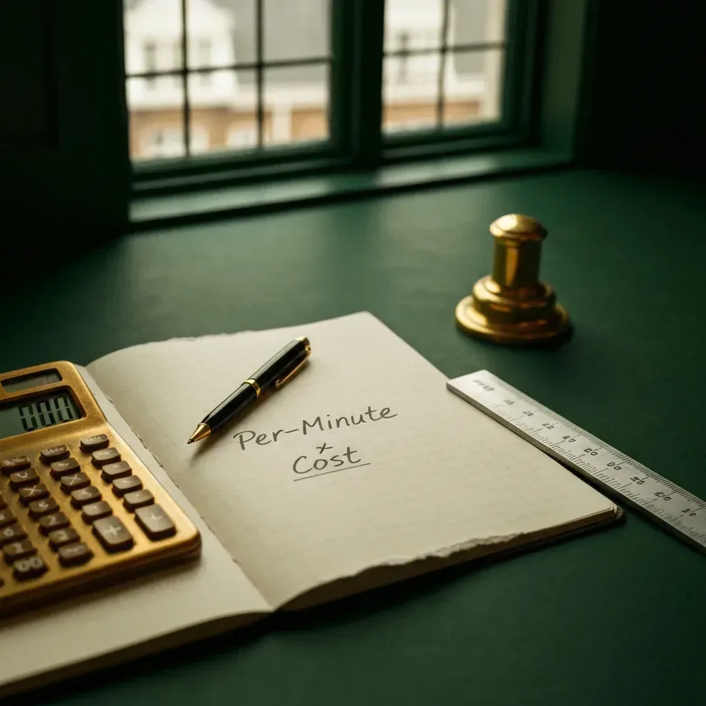 Detail of AI voice agent cost-per-minute formula sketched on a torn notebook page beside a brass calculator