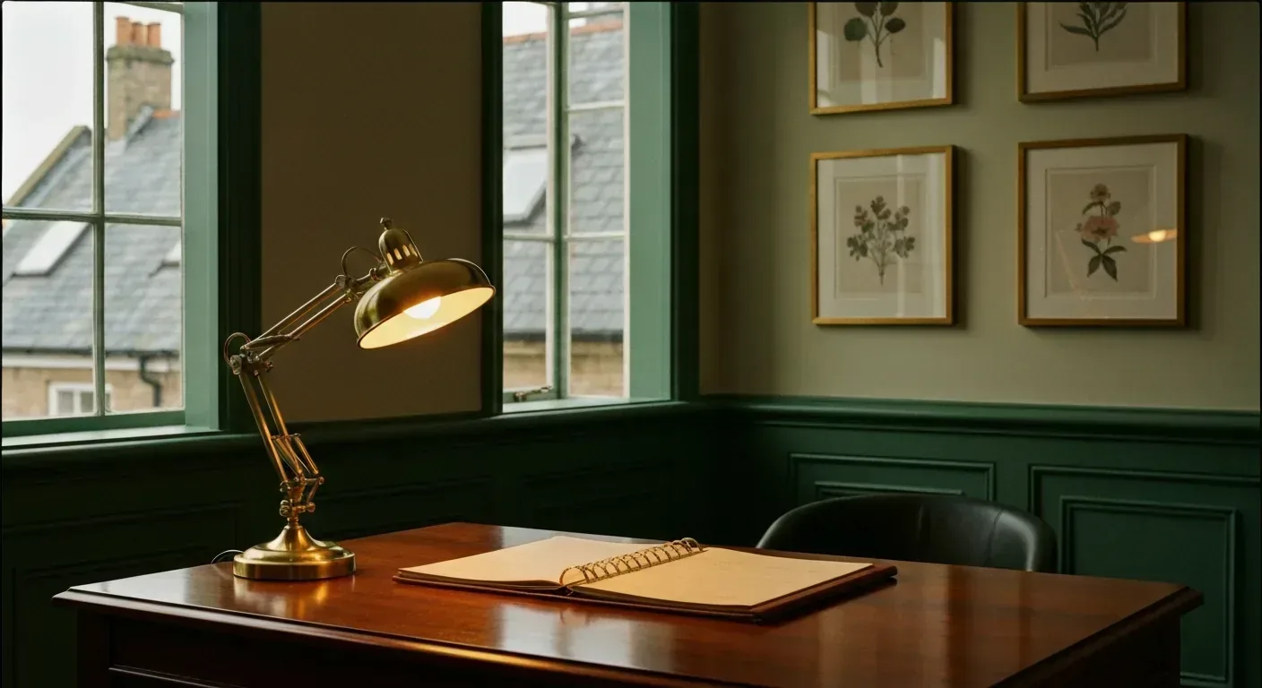 Modern Harley-Street-style private dental clinic reception with polished mahogany desk and brass desk lamp under soft amber light