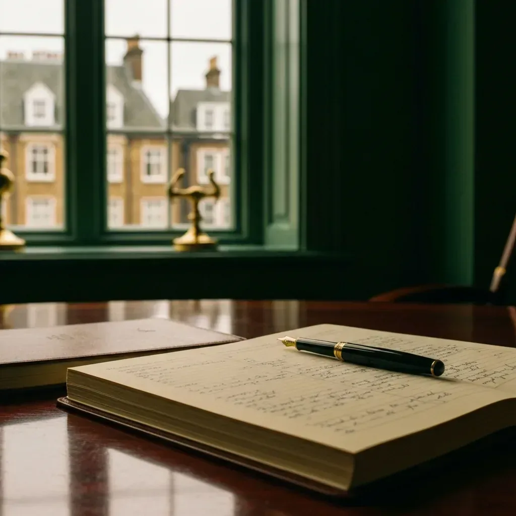 Leather appointment book on a polished mahogany desk with a fountain pen alongside — UK private dental practice booking detail