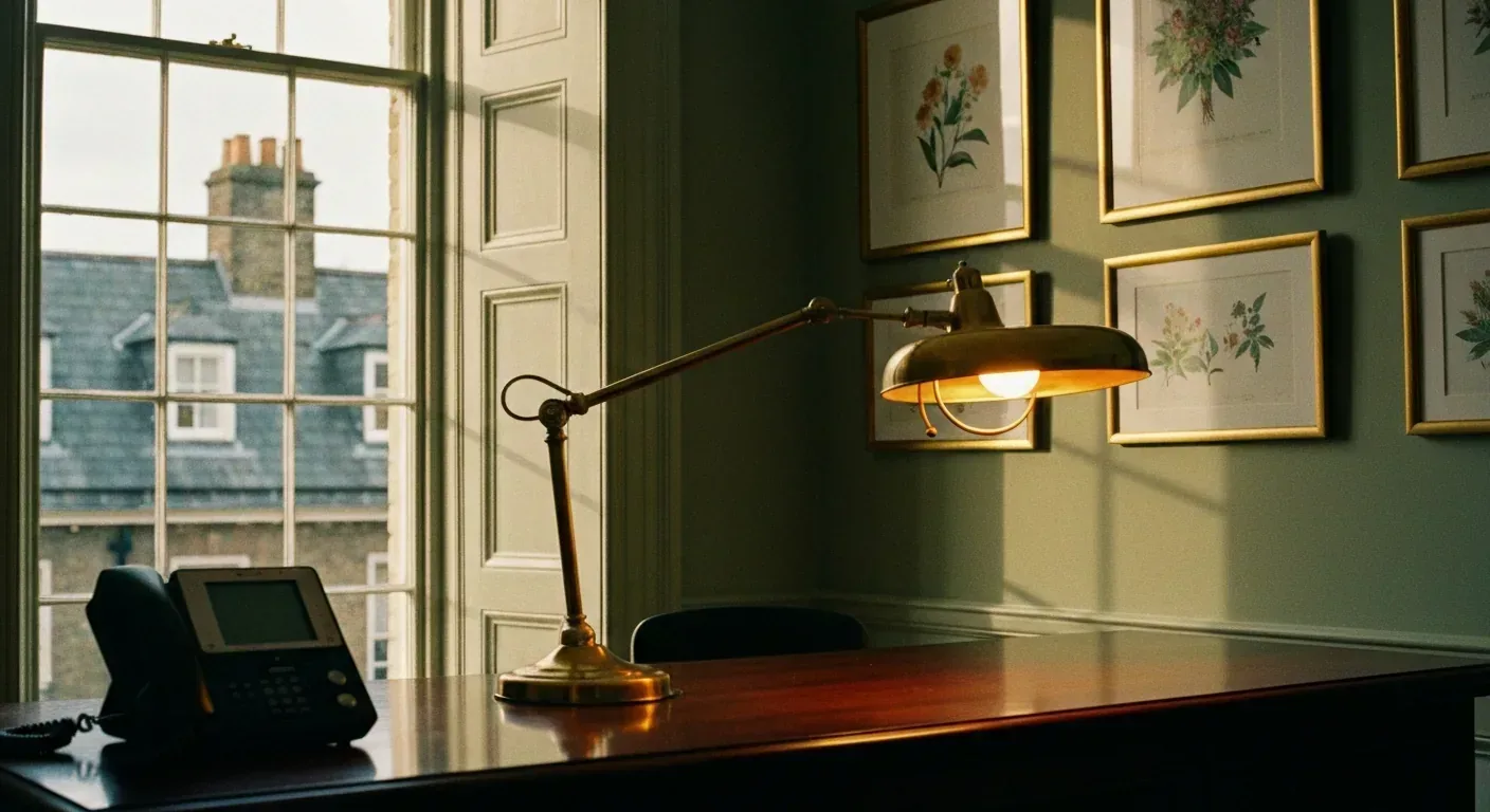 A modern Harley Street private clinic reception with brass desk lamp and ringing phone — AI voice agent for private clinics UK