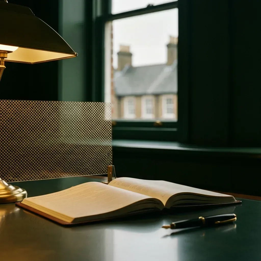 Leather appointment book with privacy-screen overlay at a UK private clinic reception