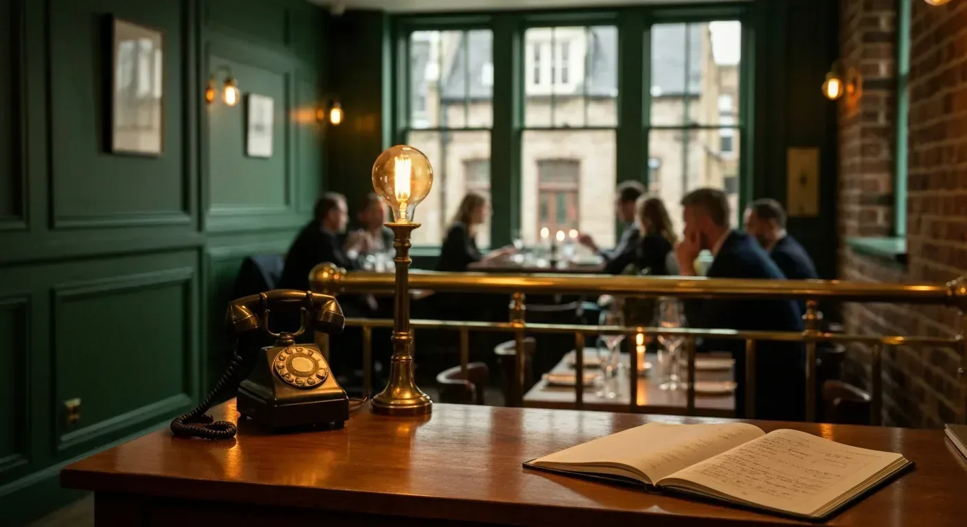 A bustling London bistro at 7pm, the maître d's reservation desk in soft amber light, the phone ringing on the counter