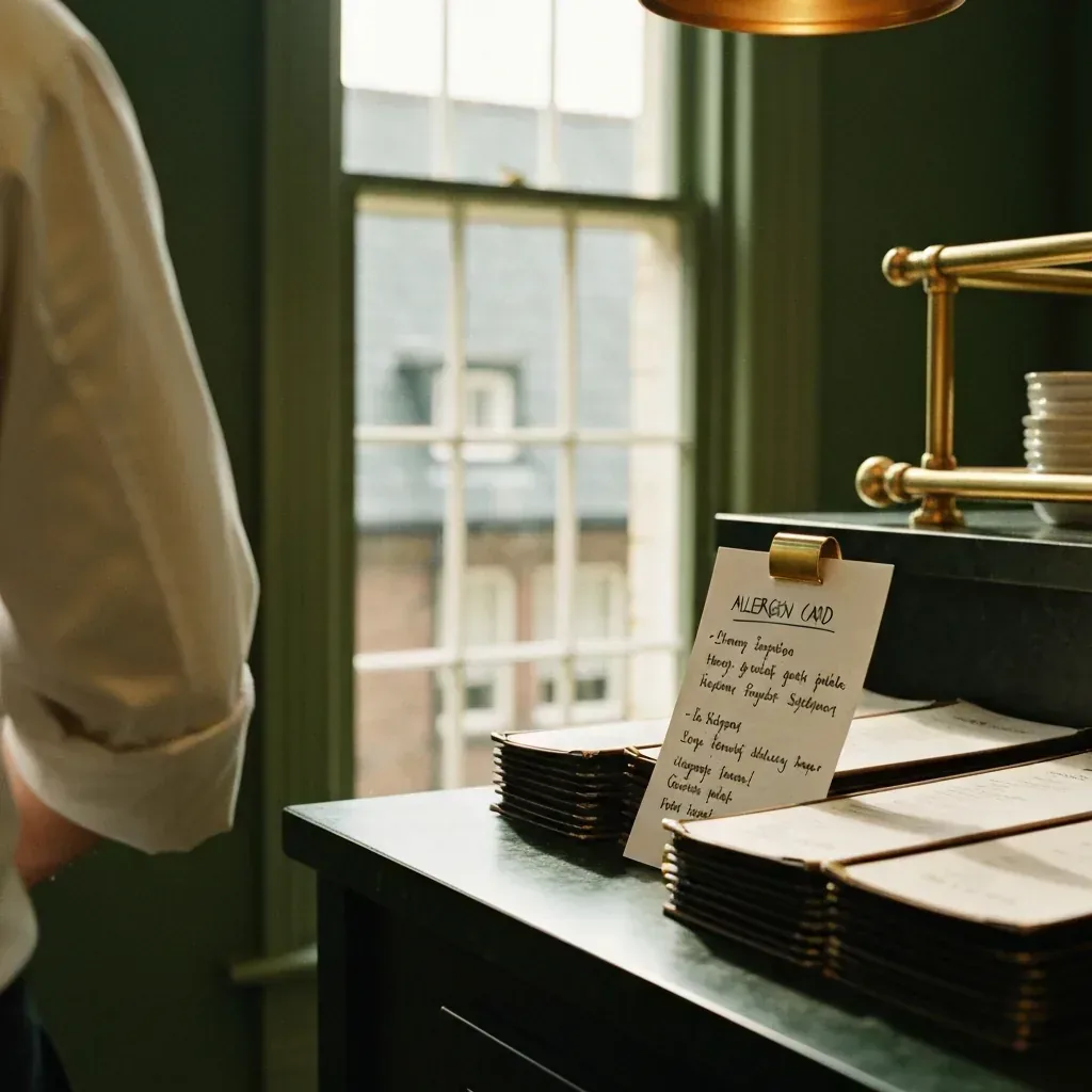 A hand-written allergen card on a server station, soft kitchen light, restaurant menu peeking from behind