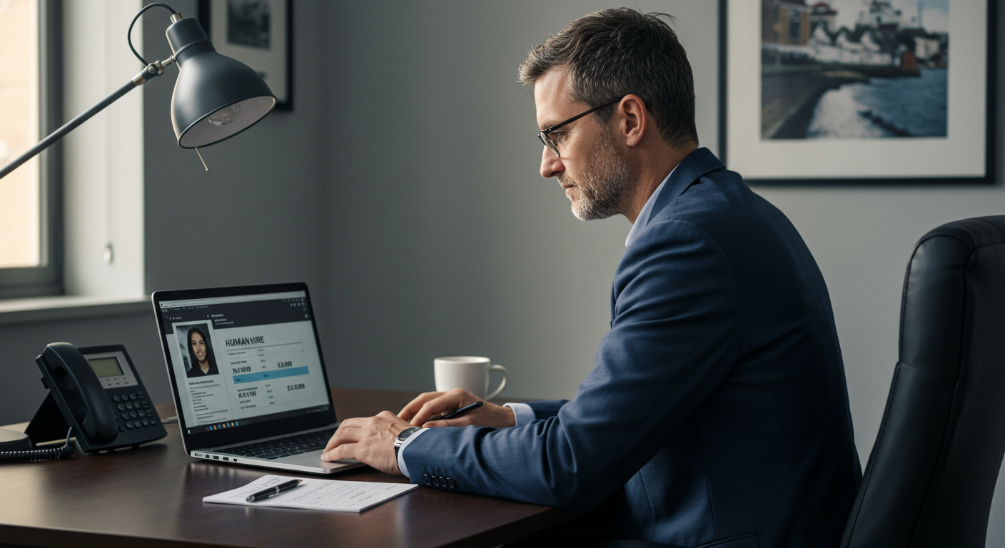 UK business owner reviewing receptionist cost comparison on laptop