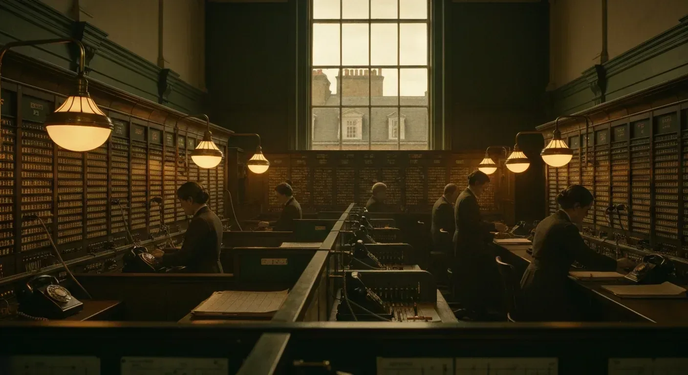 Vintage London telephone exchange room with switchboard operators, illustrating UK answering service heritage