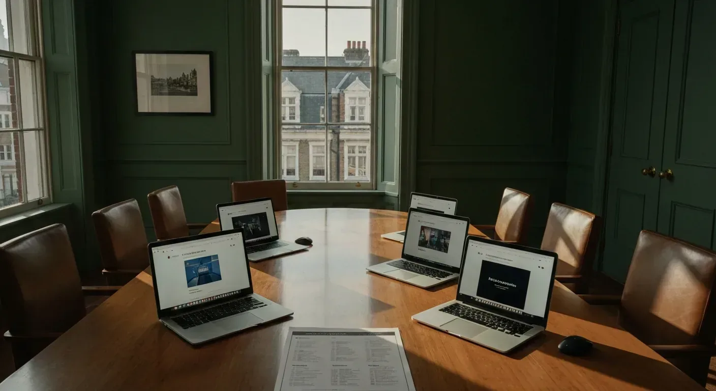 A boardroom in a Holborn law-firm-style office with six laptops on a long oak table, each showing a different AI receptionist competitor's website